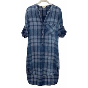 cloth & stone womens Plaid Button-UP Dress size S blue roll tab sleeve
